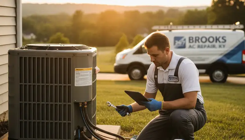 Professional AC repair technician servicing air conditioner in Louisville KY home