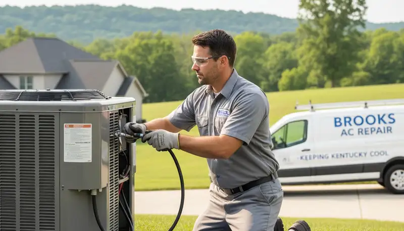 Professional AC repair technician servicing air conditioner in Louisville KY home