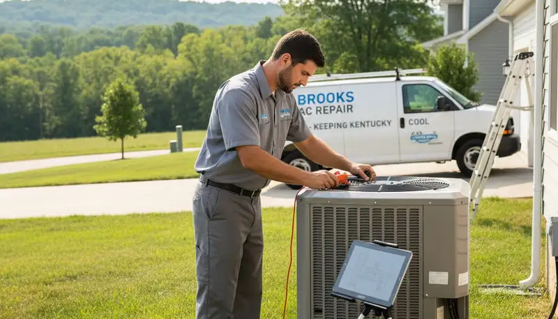 Professional AC repair technician servicing air conditioner in Louisville KY home