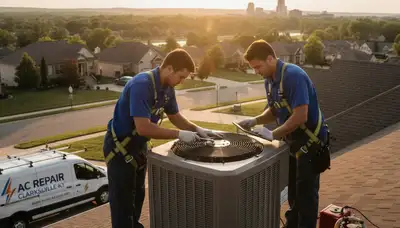Professional AC repair technician servicing air conditioner in Louisville KY home