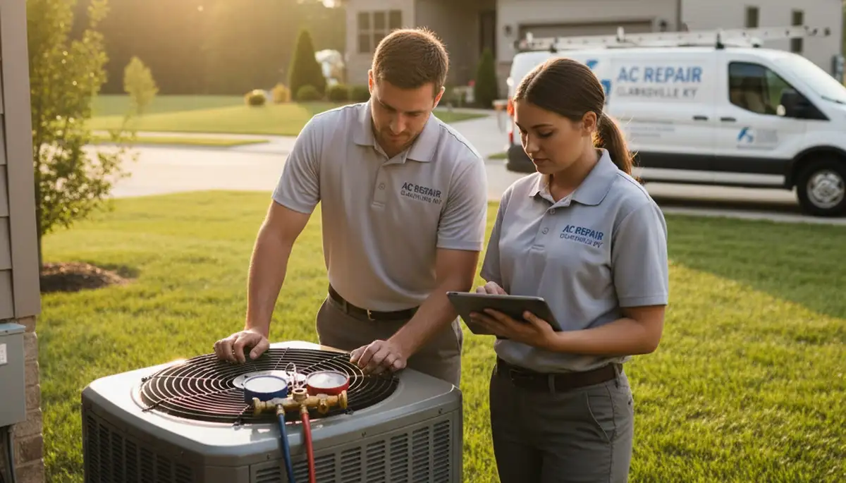AC repair technician servicing residential air conditioner unit in Louisville, KY