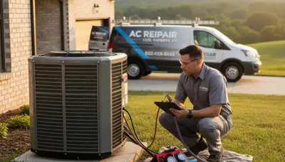 Professional AC repair technician servicing air conditioner unit in Louisville KY home