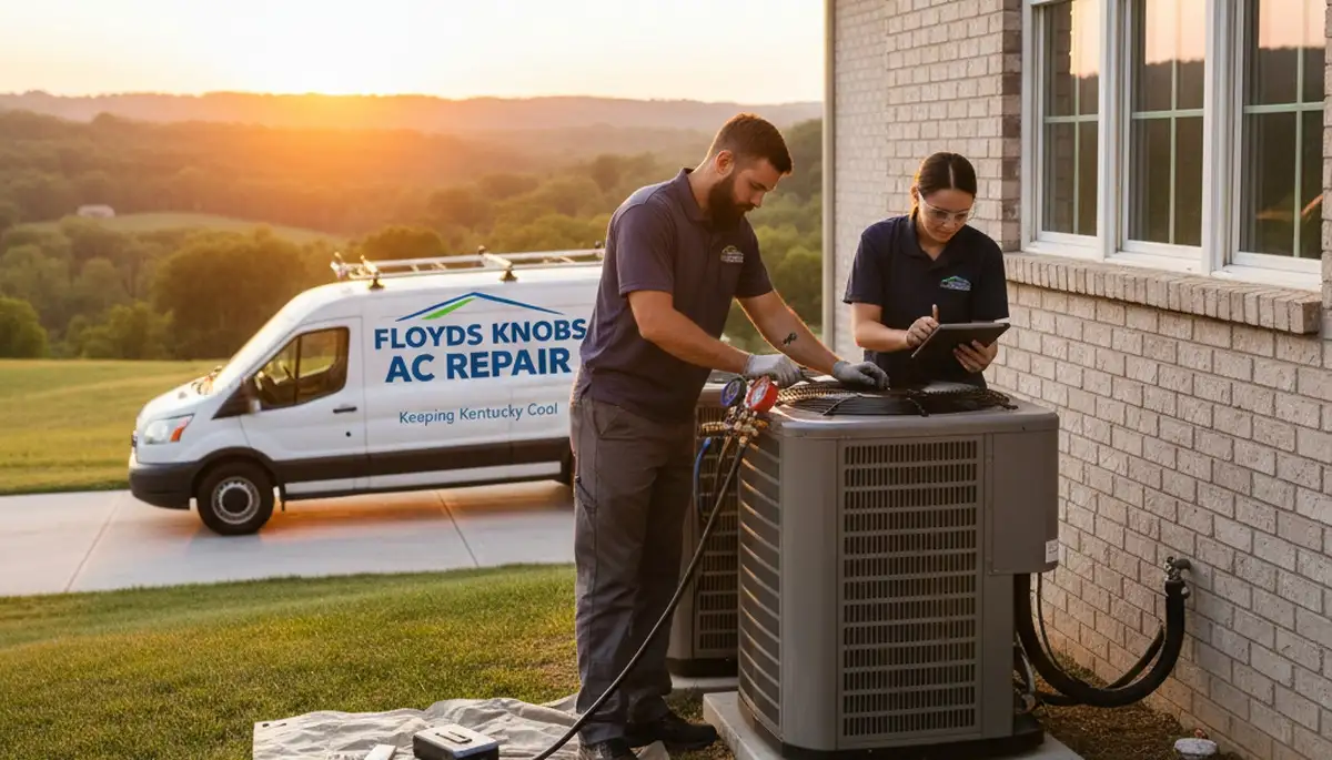 Professional AC repair technician servicing air conditioner in Louisville KY home