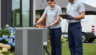 Technician fixing residential air conditioner unit in Louisville, KY for Five Star Cooling repair service