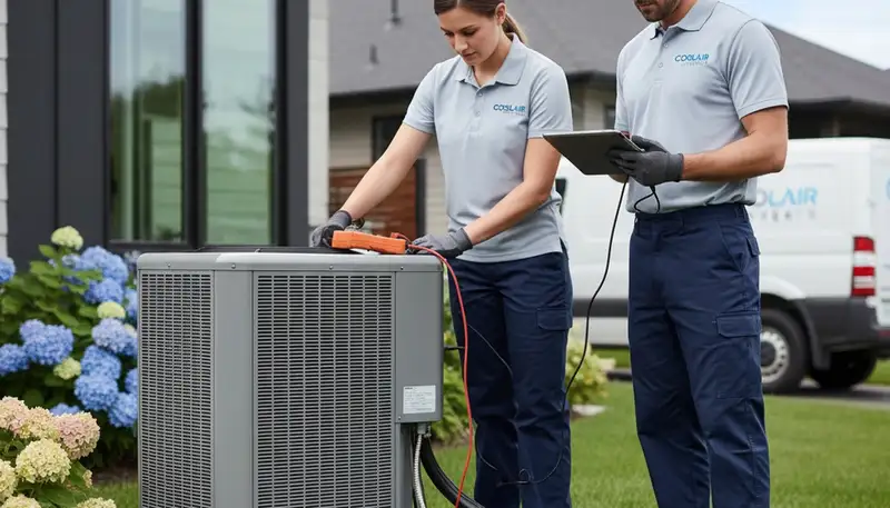 Technician fixing residential air conditioner unit in Louisville, KY for Five Star Cooling repair service