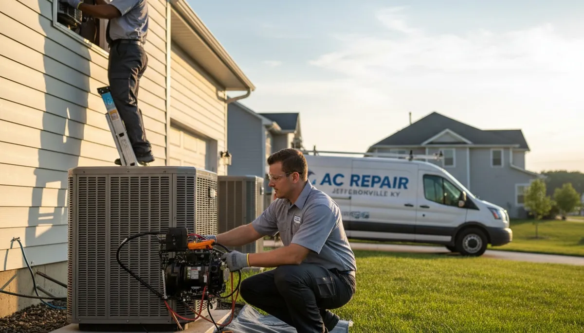AC repair technician servicing air conditioner unit in Louisville KY home