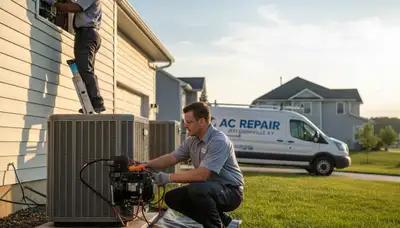 AC repair technician servicing air conditioner unit in Louisville KY home