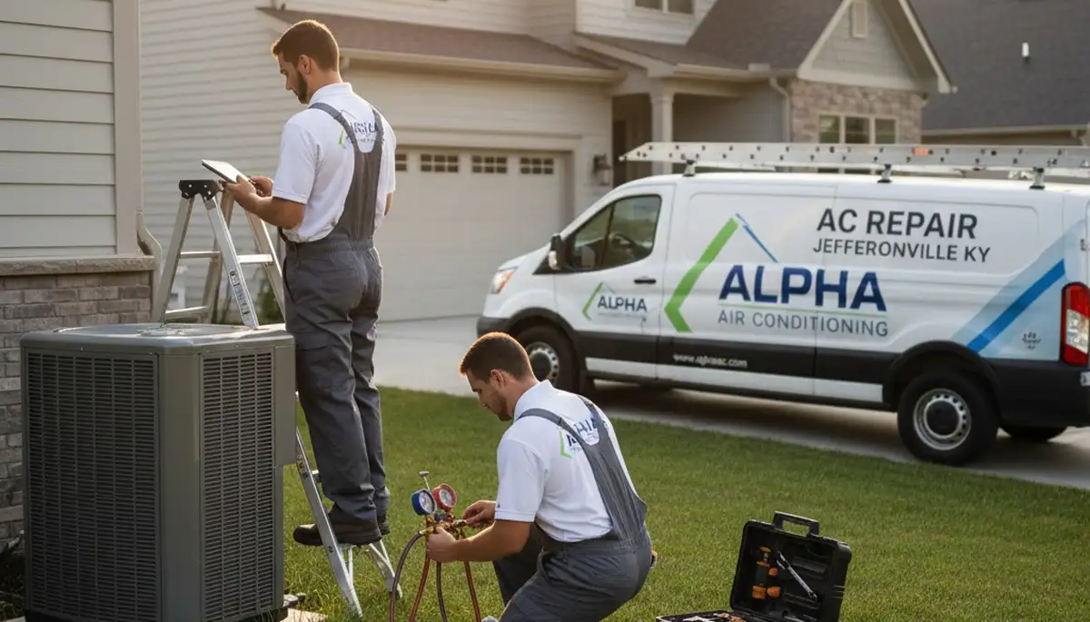 Professional AC repair technician servicing air conditioning unit in Louisville KY home