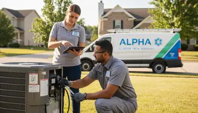 Professional AC repair technician servicing air conditioner in Louisville KY home