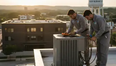 AC repair technician servicing residential air conditioner in Louisville KY