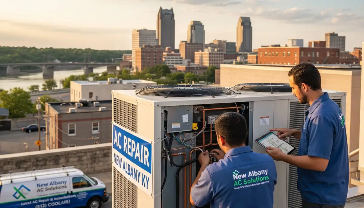 Professional AC repair technician servicing air conditioner in Louisville KY home