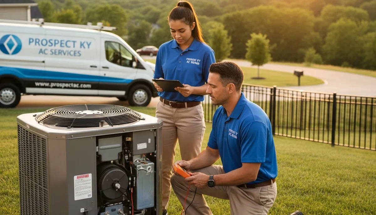 Professional AC repair technician servicing air conditioner in Louisville KY home