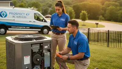 Professional AC repair technician servicing air conditioner in Louisville KY home