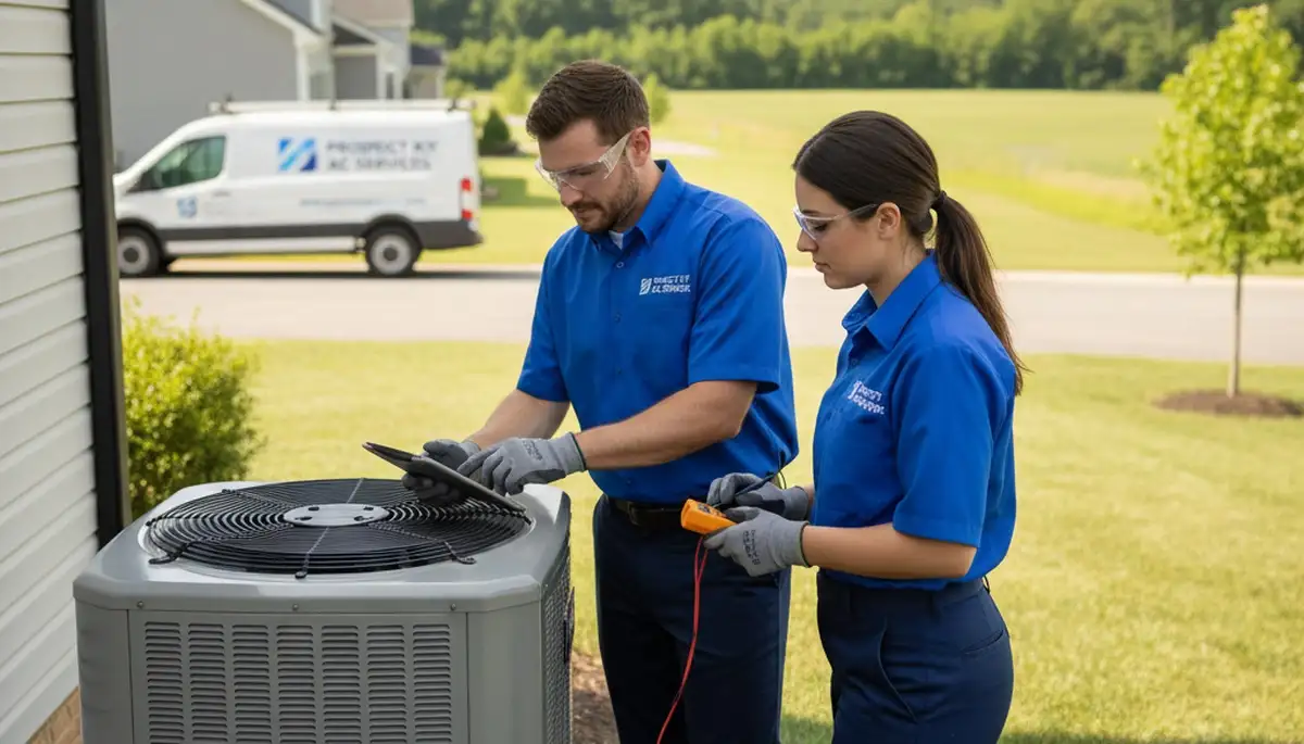 Professional AC repair technician servicing air conditioner in Louisville KY home