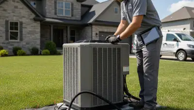 Professional AC repair technician servicing air conditioner unit in Louisville KY home