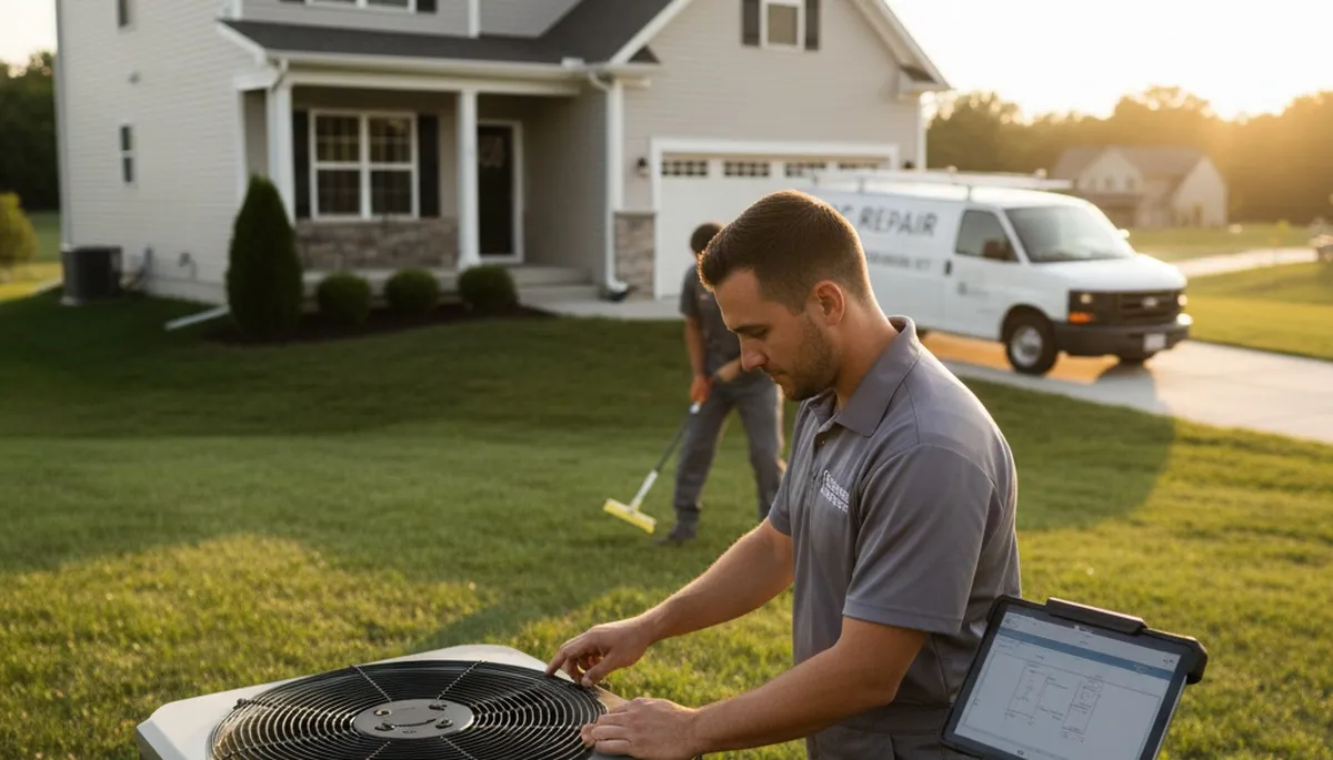 Professional AC repair technician servicing air conditioner unit in Louisville KY home