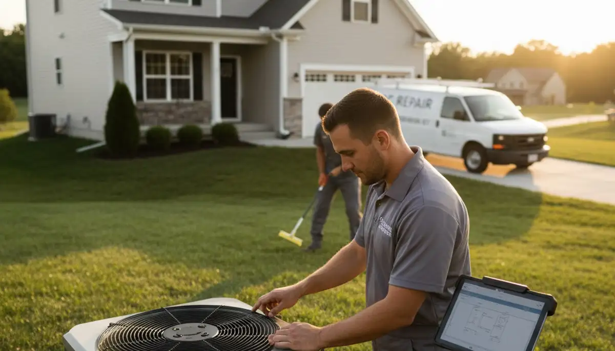 Professional AC repair technician servicing air conditioner unit in Louisville KY home