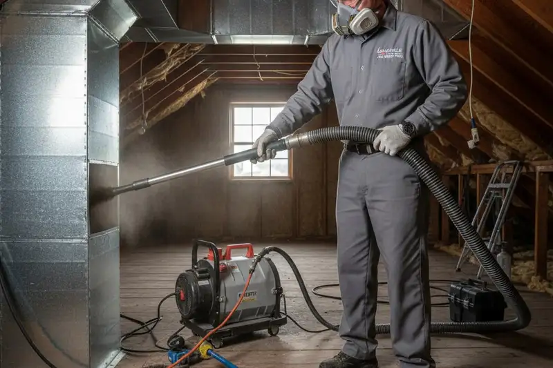 Technician cleaning air ducts with equipment at Louisville KY home for professional AC repair service