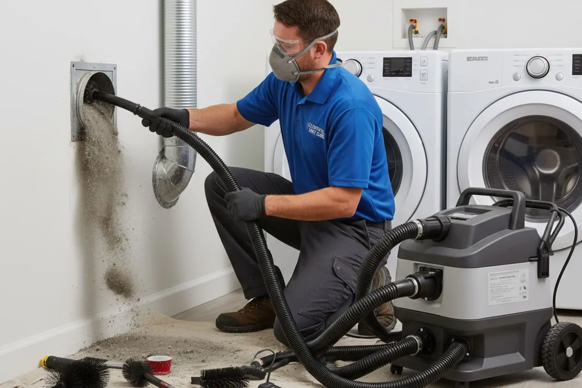 Technician cleaning dryer vent with pro tools in Louisville KY for efficient airflow and safety