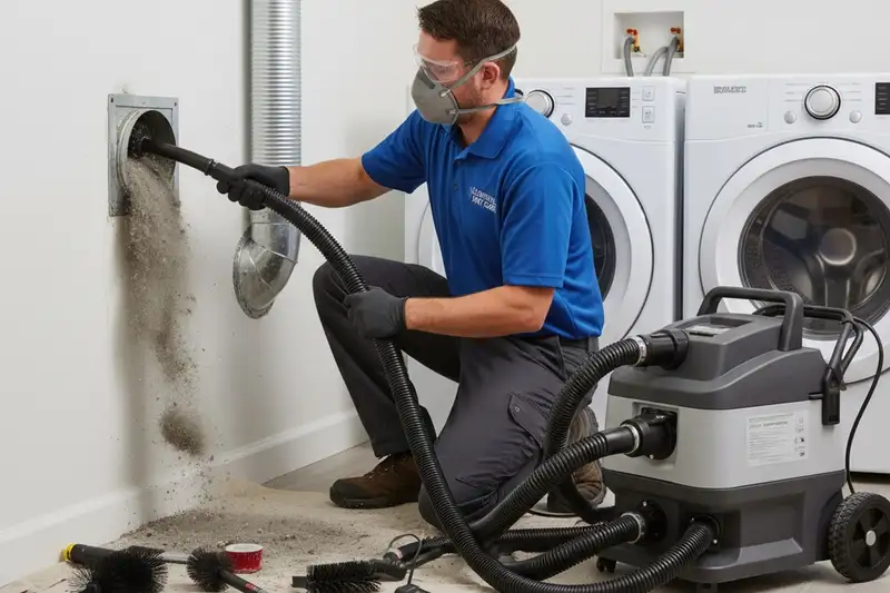 Technician cleaning dryer vent with pro tools in Louisville KY for efficient airflow and safety