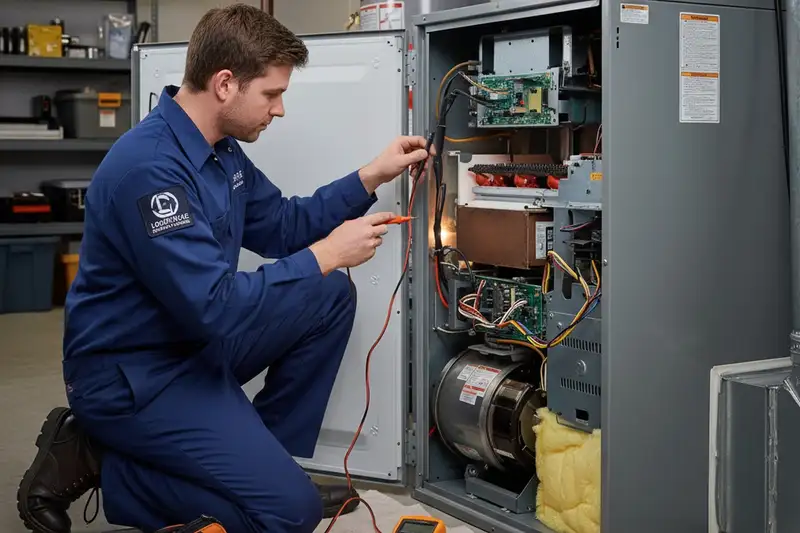 HVAC technician performing furnace repair at Louisville KY home for Five Star Cooling