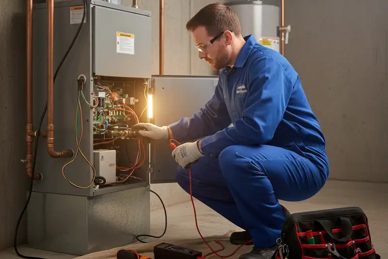 Technician performing residential heating repair service in Louisville KY for Five Star Cooling