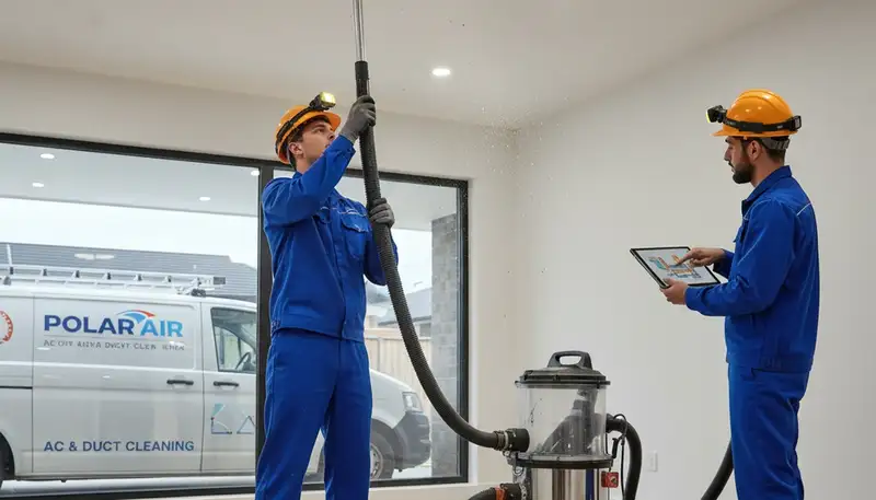 Technician cleaning air ducts for HVAC system in Louisville KY home by Five Star Cooling