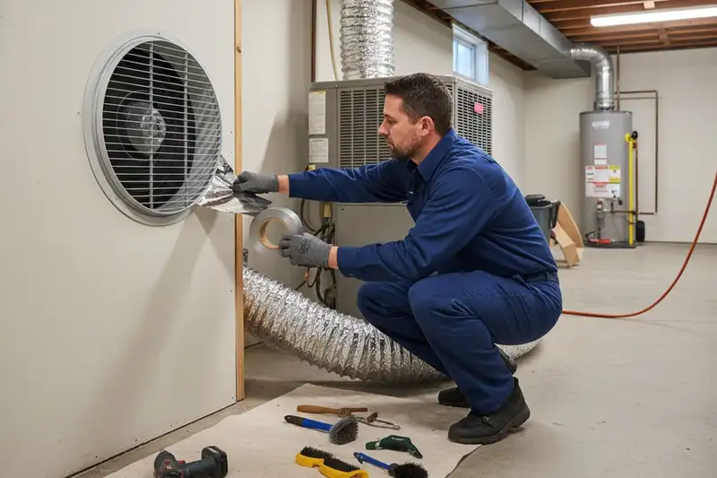 Technician finishing air duct cleaning service in Louisville KY home for optimal AC system performance