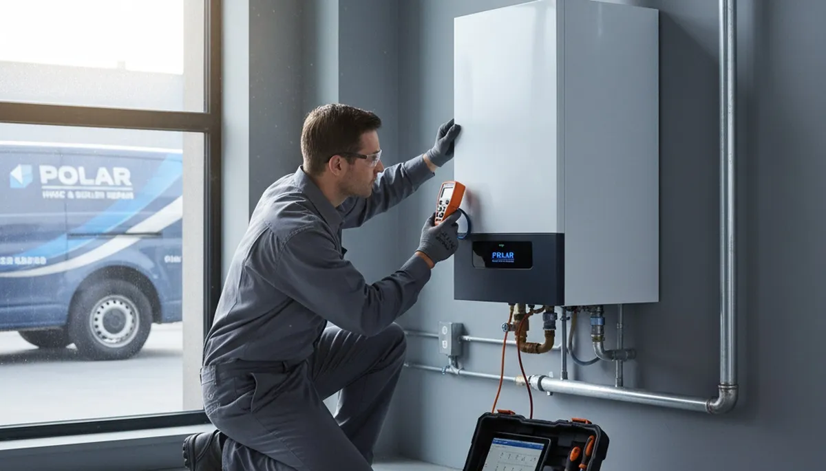 Technician performing boiler repair service in Louisville, KY home for Five Star Cooling