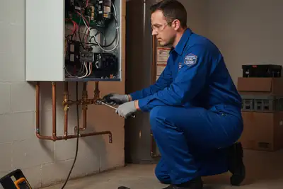 Technician performing professional boiler repair service at a Louisville KY home heating system