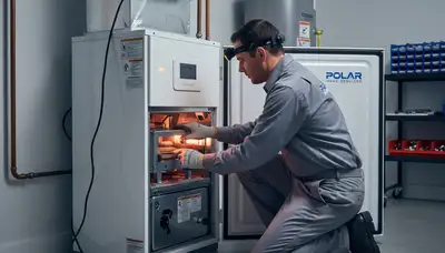 Technician performing furnace repair in Louisville KY home for Five Star Cooling