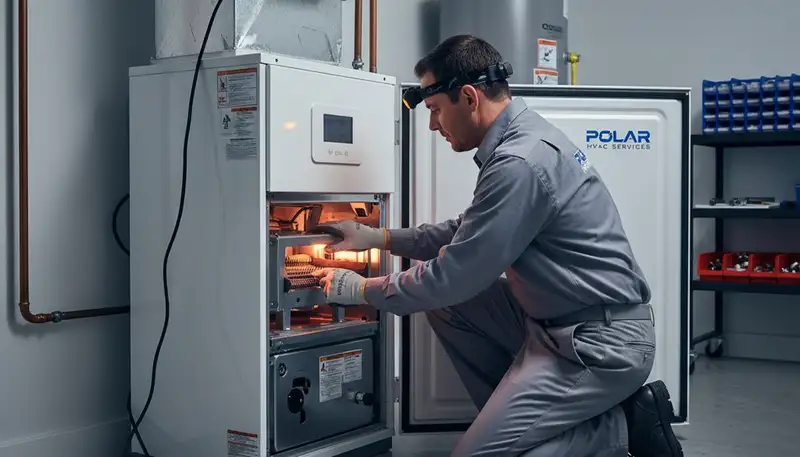 Technician performing furnace repair in Louisville KY home for Five Star Cooling