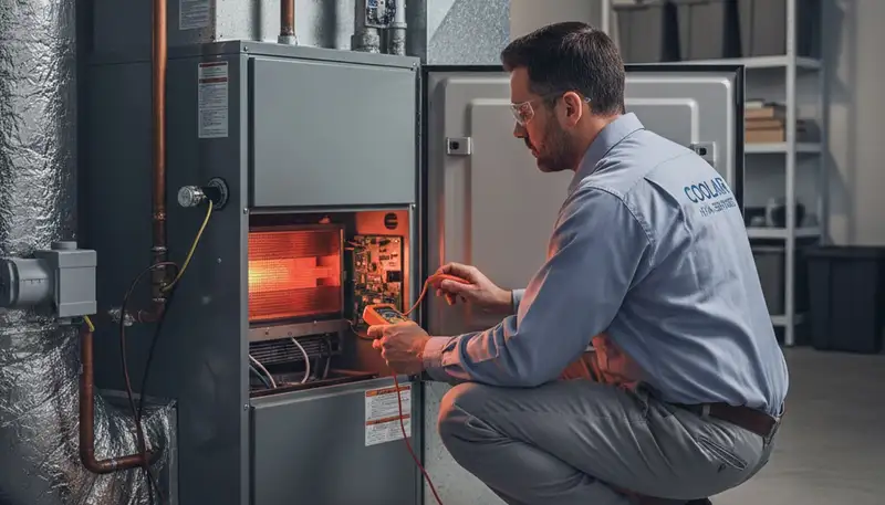 Technician repairing home heating system in Louisville KY for Five Star Cooling