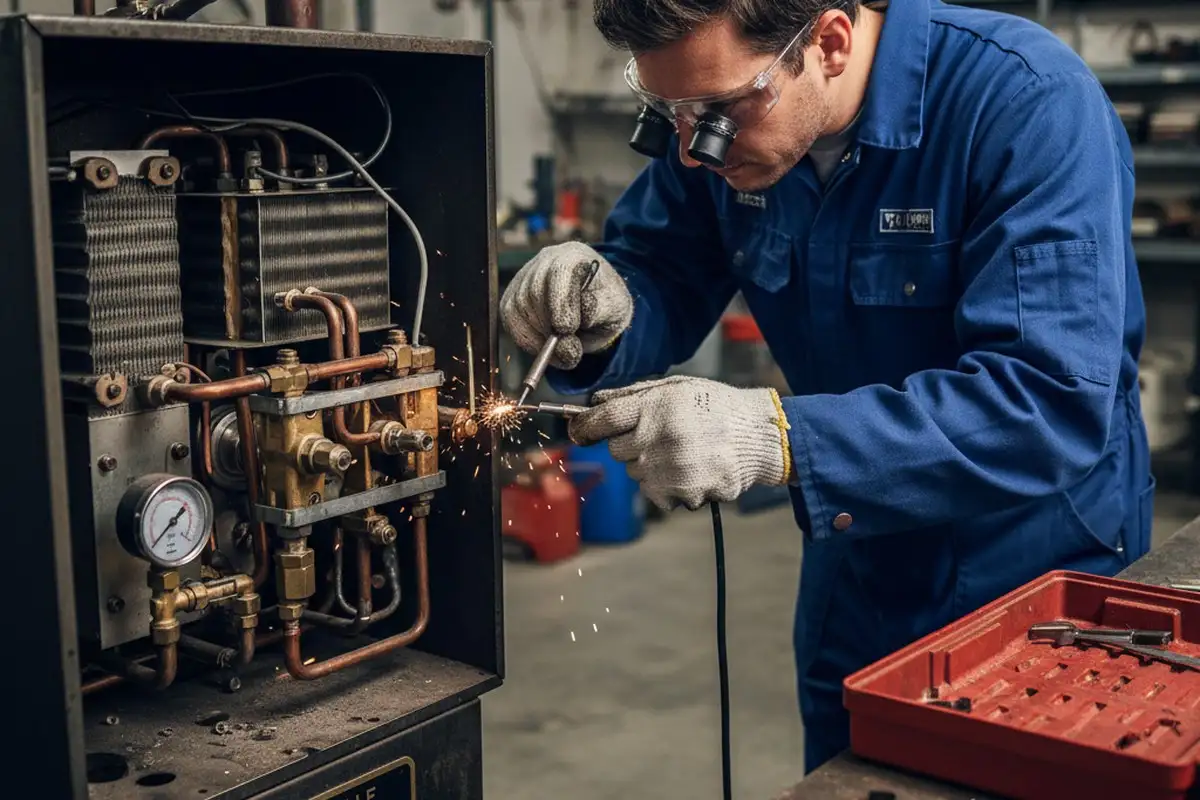 Technician performing precision boiler component repair in Louisville KY home for Five Star Cooling