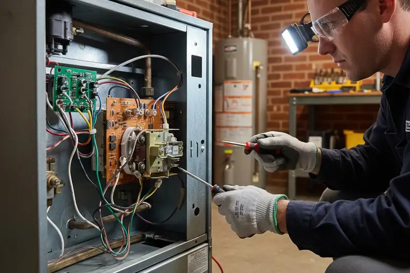 Technician performing precision furnace component repair in Louisville KY for Five Star Cooling