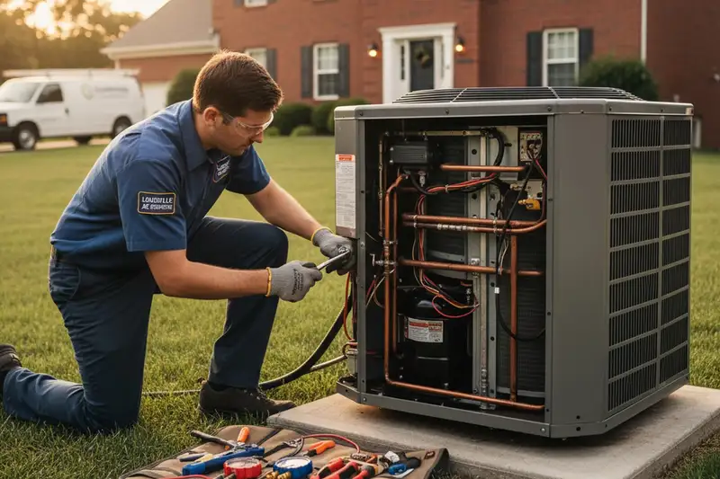 Technician performing professional AC repair on home air conditioner unit in Louisville, KY