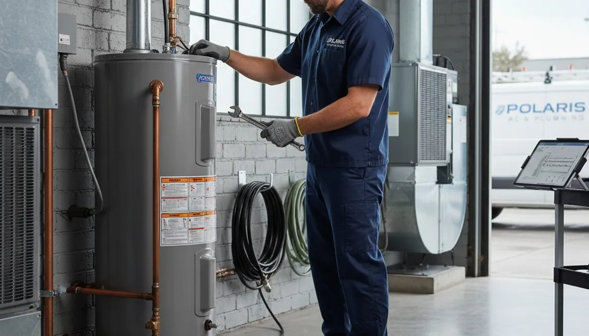 Technician repairing residential water heater in Louisville KY for Five Star Cooling service