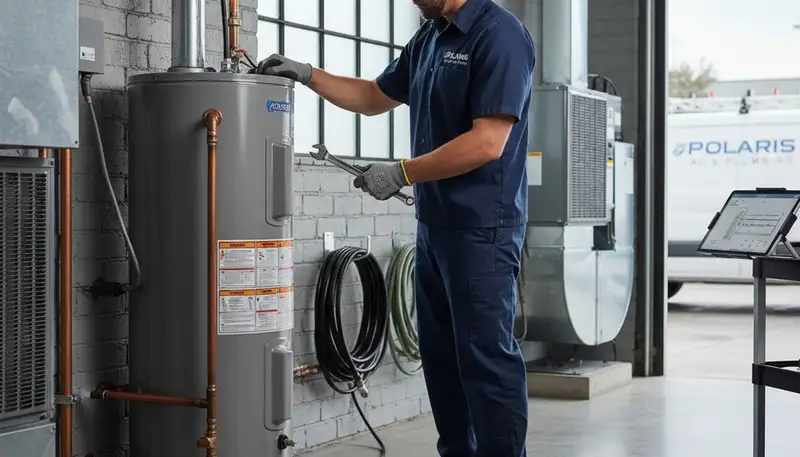 Technician repairing residential water heater in Louisville KY for Five Star Cooling service
