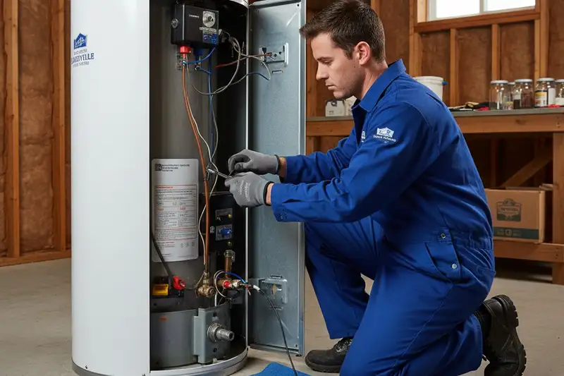 Technician performing professional water heater repair at a Louisville KY home for Five Star Cooling
